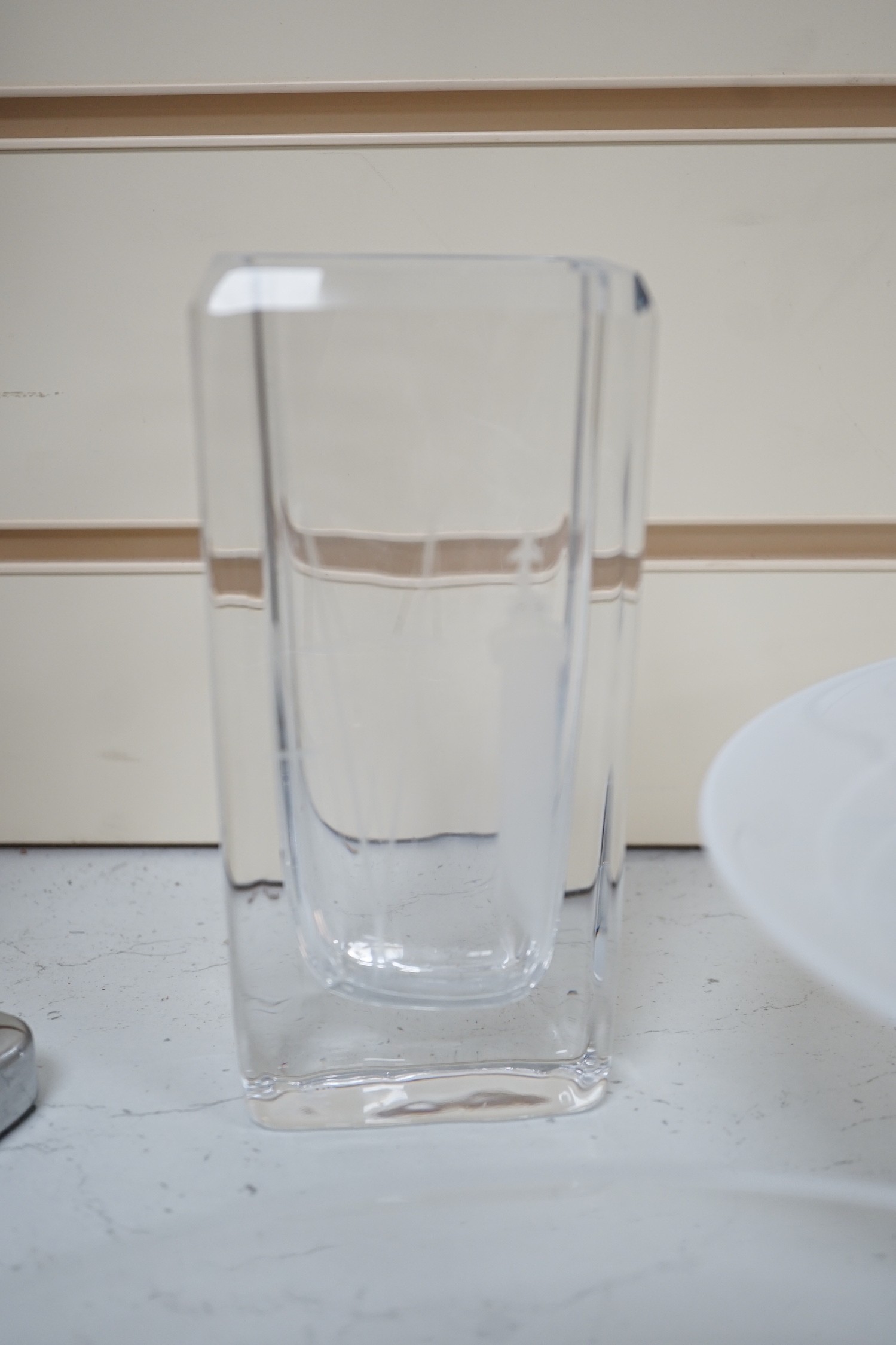 A Skruf Swedish glass posy vase, Anthony Stern bowl and one other Swedish bowl, tallest 16cm